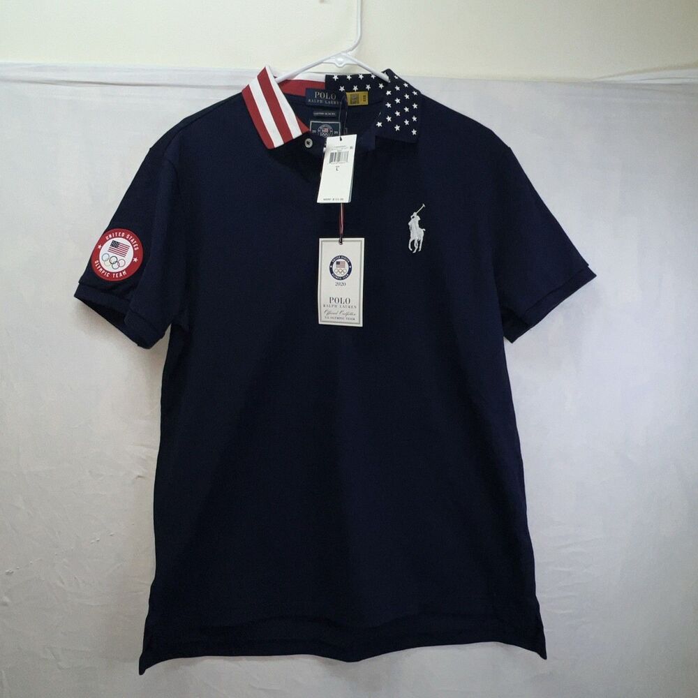 NWT Polo Ralph Lauren USA Olympic Navy Blue Polo Shirt Stars & Stripes Sz L Slim